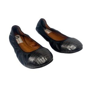 Black leather silver metallic snakeskin cap toe LANVIN ballet flats 6/6.5 US